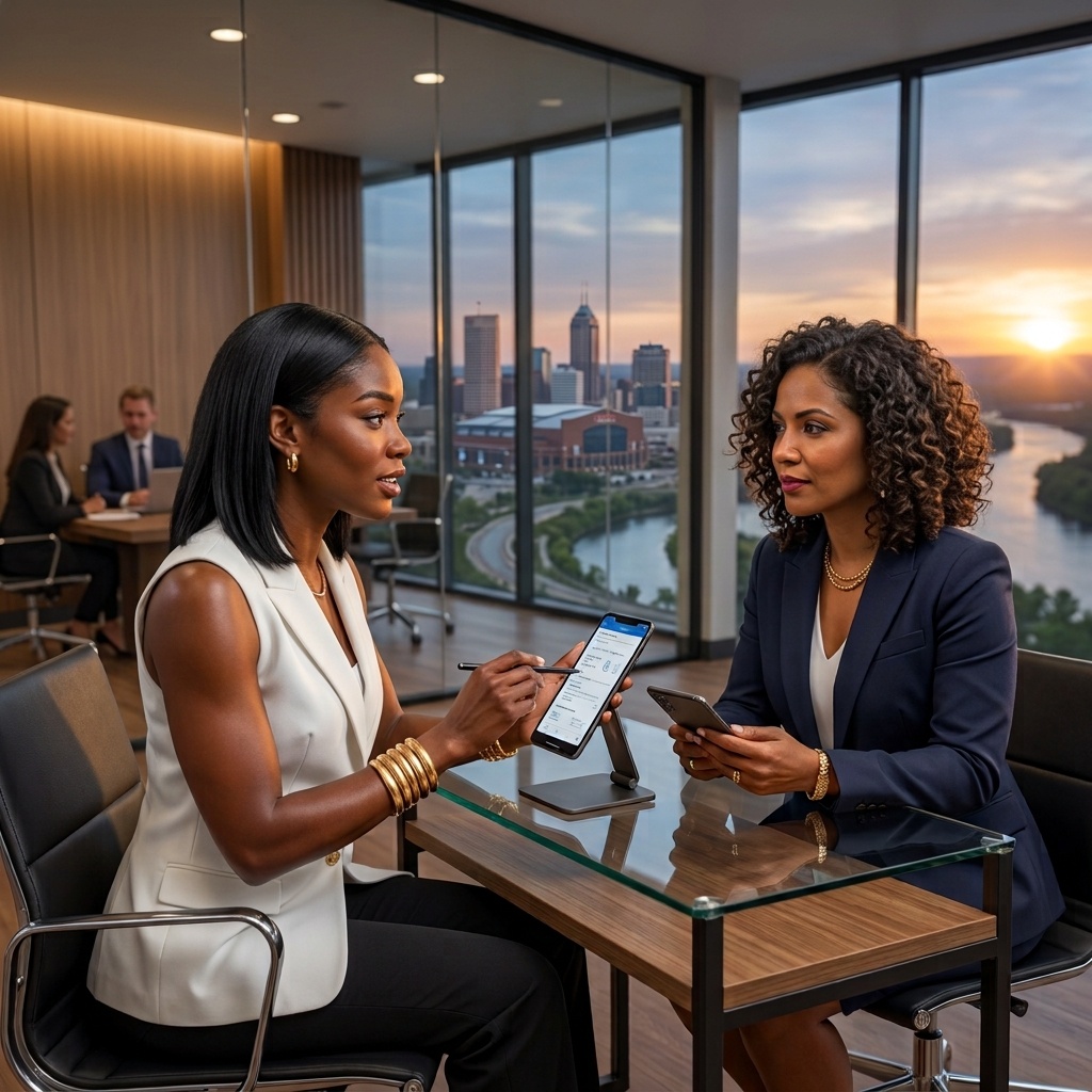 two women sitting at a table in a meeting